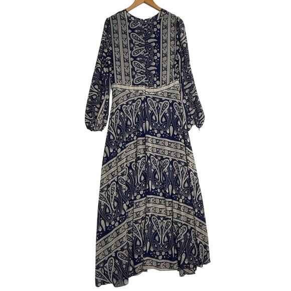 Sheryl Crow Paisley Print V-Neck Maxi Dress Size S Pom-Poms Hippie Boho Gypsy - Picture 2 of 13